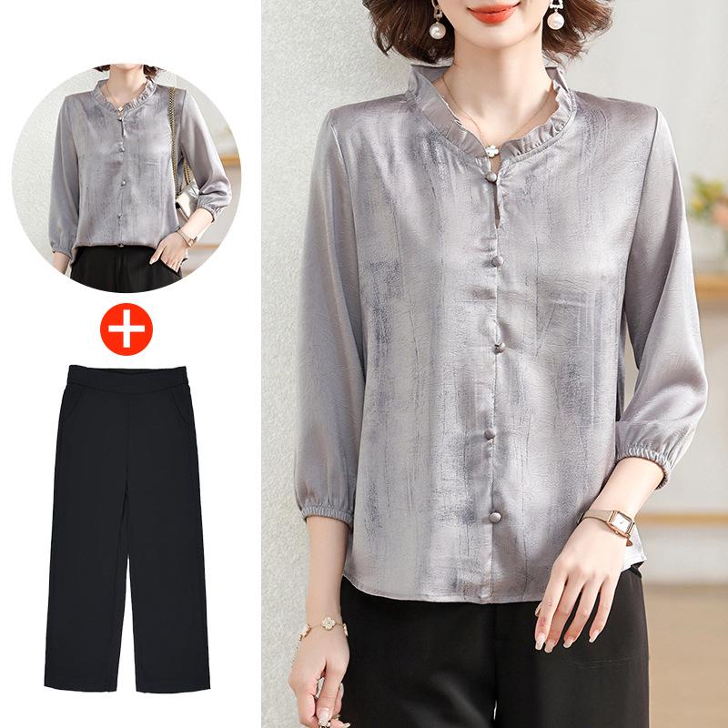 2025 New Spring/Autumn Fashion Set for Middle-Aged Women: Seven-Sleeve Chiffon Blouse