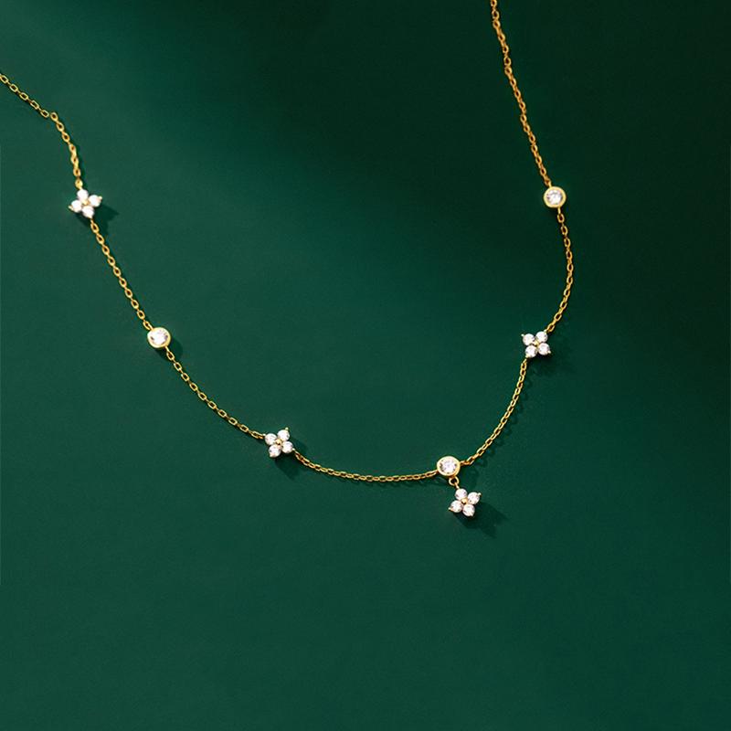 

Серебряный очаровательный четырехлистный цветок винтажный кулон цепочка ожерелье для женщин богемный циркон ювелирные изделия 43.5cm