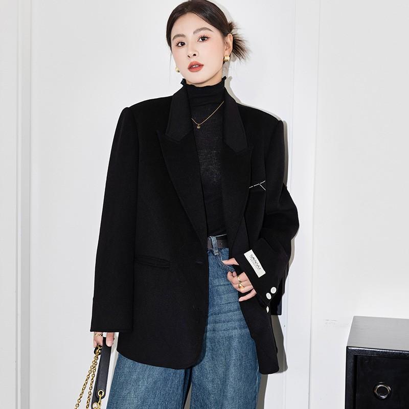 

Черный костюм с воротником в полоску, шерстяная куртка, женское осенне-зимнее пальто из шерсти премиум-класса свободного силуэта с подплечниками L чёрный