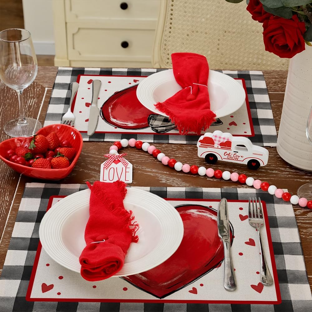 GEEORY Valentine's Day Placemats 12x18 Inch, Hearts Ribbon Bow Polka Dots Farmhouse Holiday Kitchen Dining Table Decoration for Indoor Outdoor Dinner