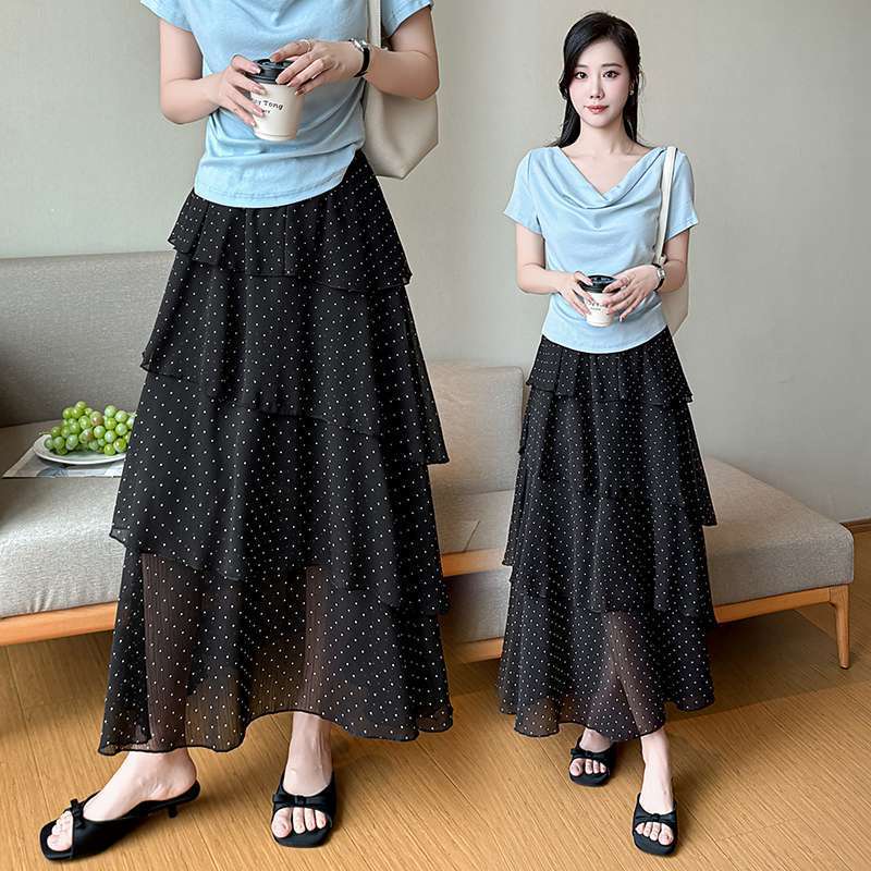 Qooth Polka Dot Ruffle Tiered Midi Skirt Asymmetric Patchwork Cake Skirt QT2878