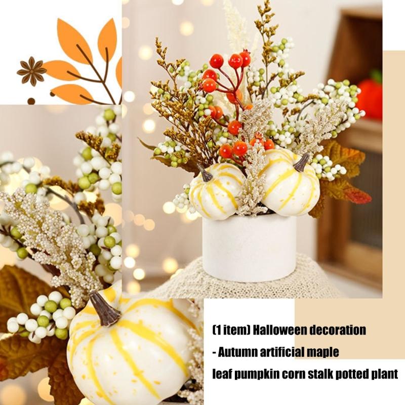 Tabletop Autumn Centerpieces Realistic Pumpkins With Realistic Maple Leaf Arrangement And Wheat Stalks Display