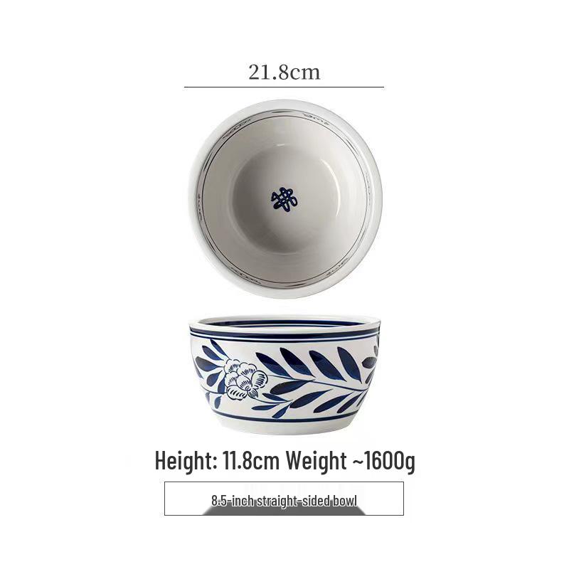 Retro Blue & White Porcelain Double Ear Round Jar - Large Deep Soup or Rice Bowl, Creative Ceramic Tableware for Hotels & Restaurants