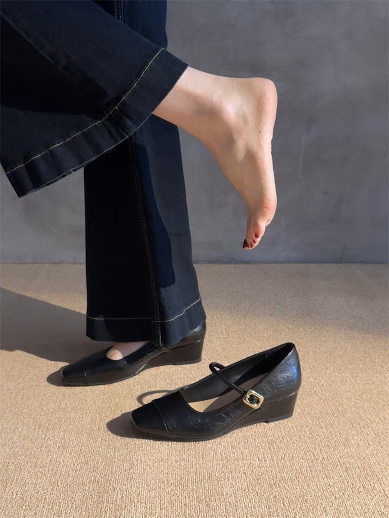 French wedge heel splicing square head Mary Jane shoes 2025 new high heels Korean version commuter shoes one word with single shoes women
