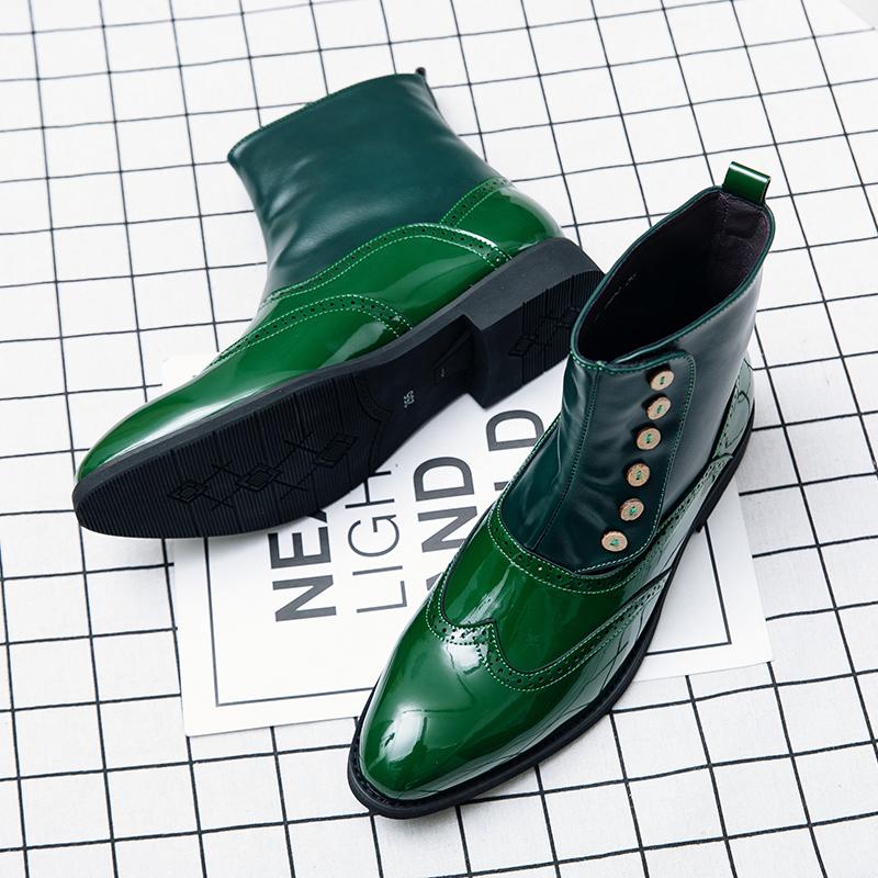 Men Business Ankle Boots Black Green Lacquer Leather Fashion Button Block Boots British Style Chelsea Boots Size 38-46 Men Boots