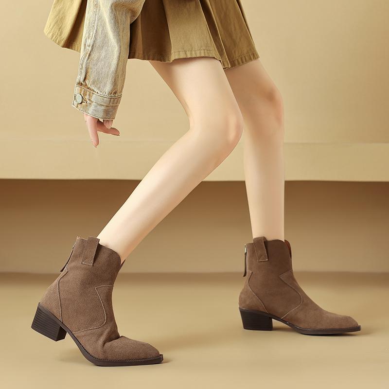 Fashion NEW Autumn/Winter Women Boots Pointed Toe Chunky Heel Shoes Genuine Leather Shoes for Women Casual Zip Ankle Boots Western Boots