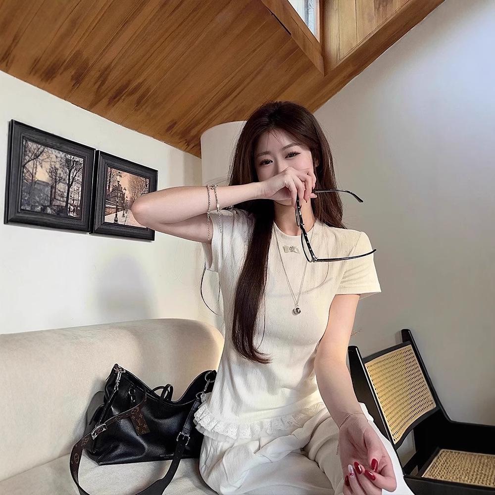 Women's Slim Fit Korean Style Ruffle Lace Patchwork Knitted T-Shirt