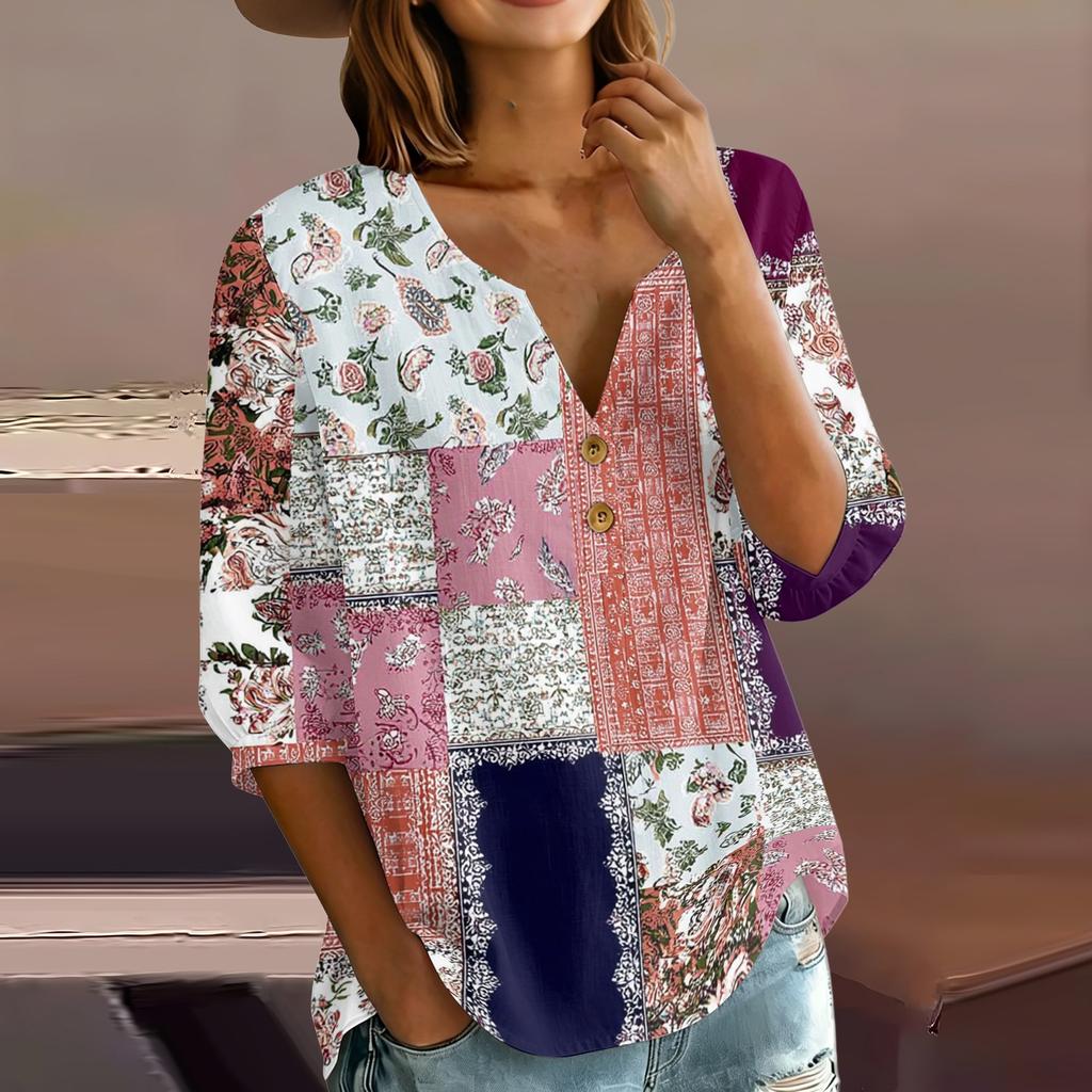 Women’s Casual Floral Print Henley Neck Button Down Cotton Linen Shirt with Three Quarter Sleeves Relaxed Fit Blouse Top
