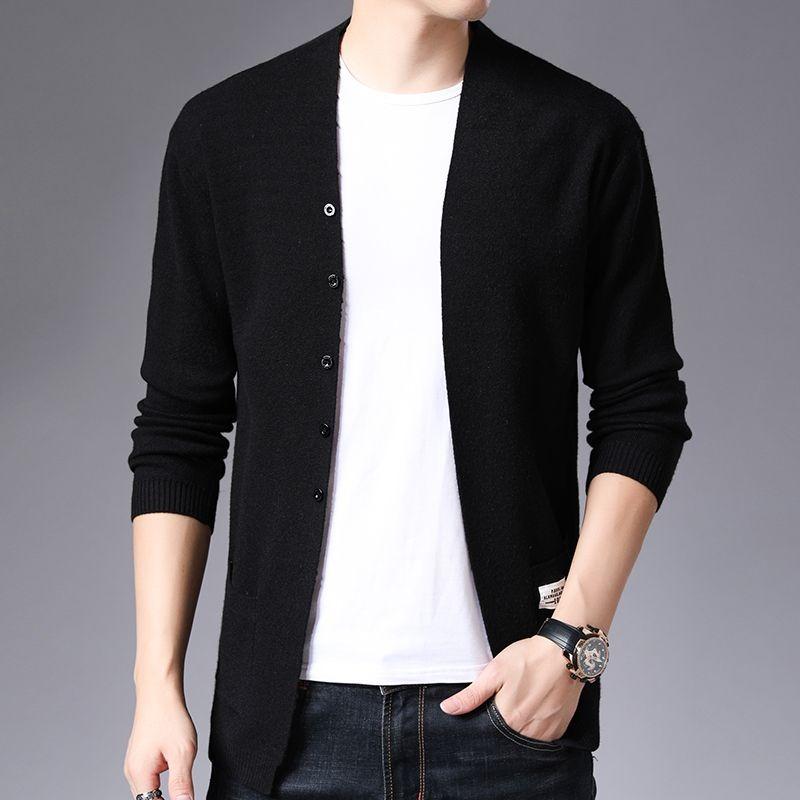 2023 Spring and Autumn Men's V-neck Solid Color Pocket Button Slim Fit Casual Fashion Elegant Commuter Knitted Shirt Coat