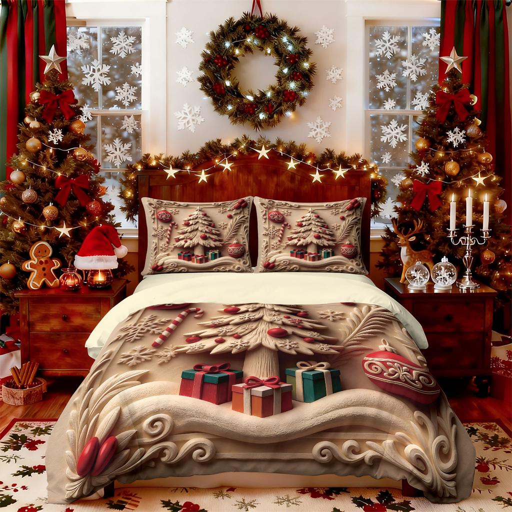 3pcs imitation relief Christmas tree print coreless duvet set multi size bedroom bedding holiday decoration machine washable
