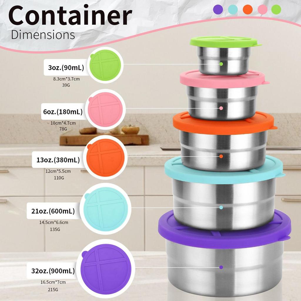 Stainless Steel Food Container 5 Pieces Stainless Steel Containers with Lids Round Food Storage Nesting Snack Bowl for Kitchen