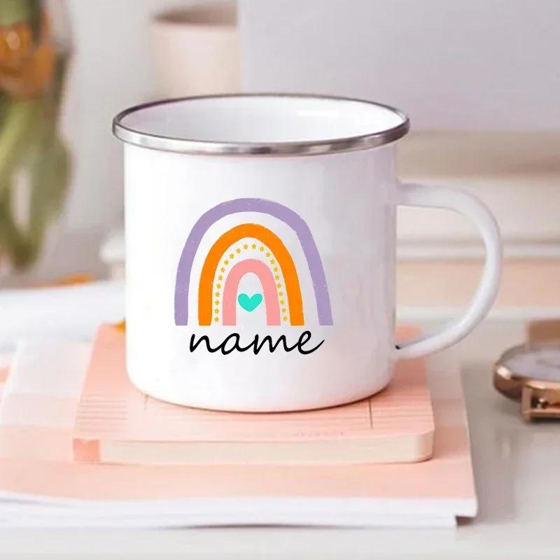 Creative Personalized Mug for Kids Drink Coffee Water Juice Milk Cups Rainbow Enamel Mugs Handle Drinkware Birthday Gift for Her