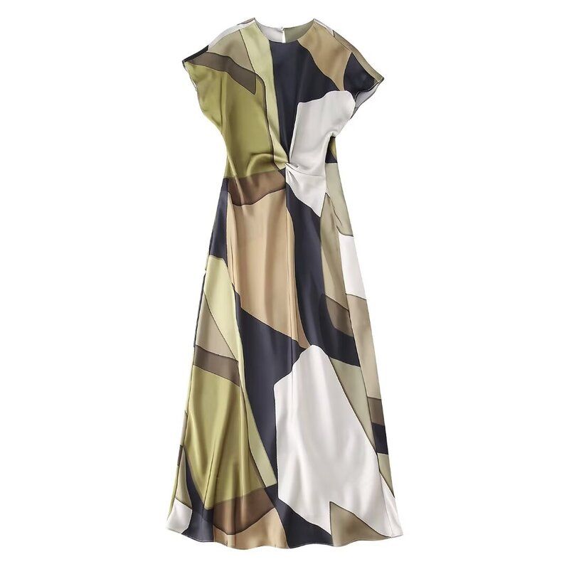 2024 Summer New Arrival Elegant Silm Short Sleeve Bow Tie Silk Satin Texture Print Midi Skirt Dress 2454163
