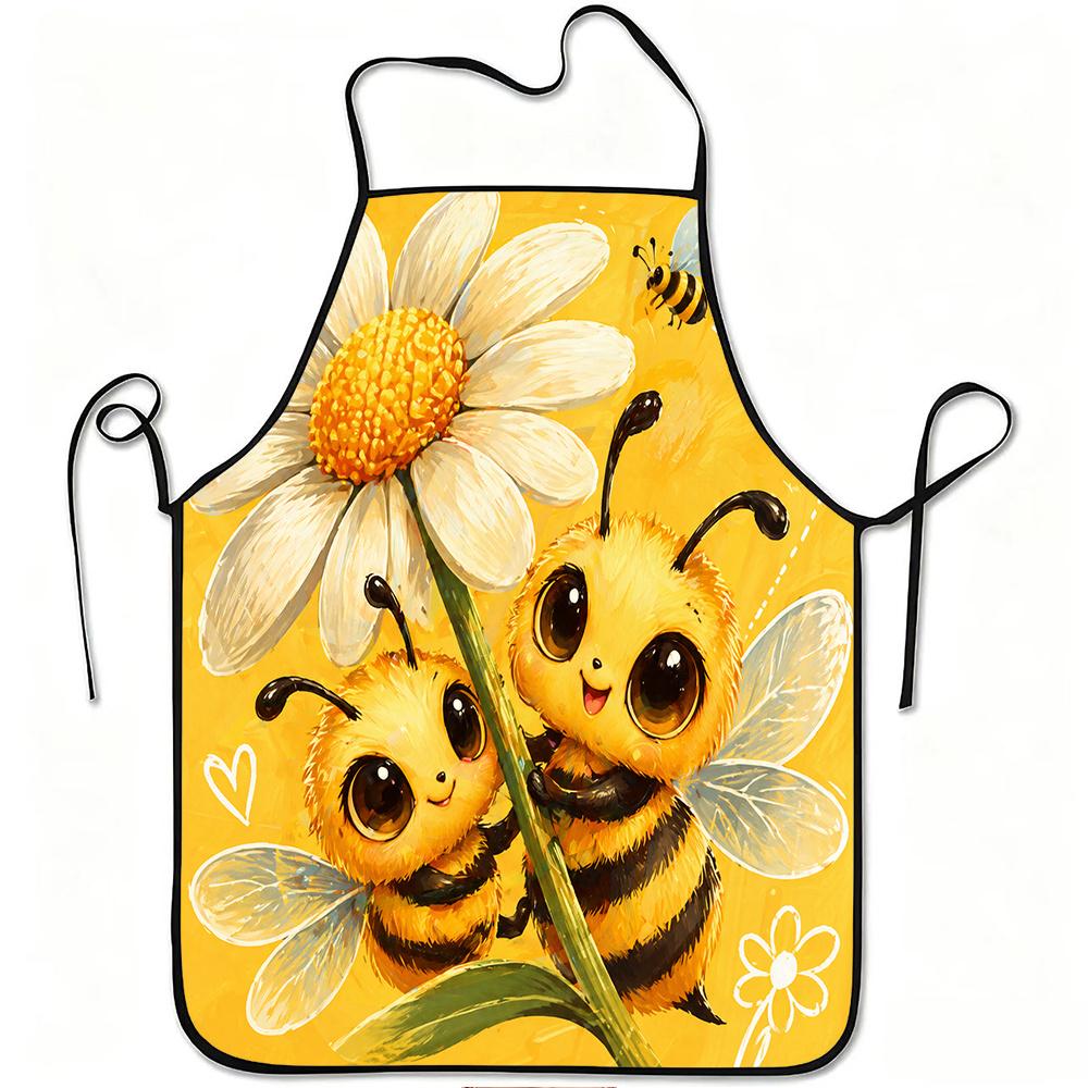 1pc Cute Bumblebee and Daisy Flower Print Apron, Durable and Easy To Clean, Adjustable Waistband, Polyester Material, for Kitchen Cooking, Gardening,