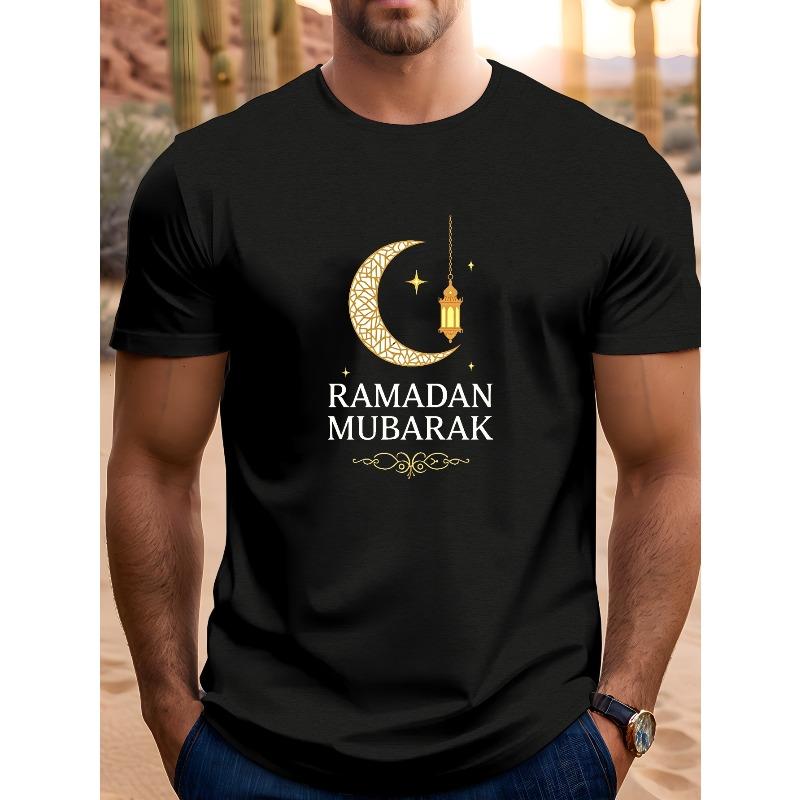 Men's Casual Short Sleeve T-Shirt- Golden Crescent Star Print, Summer T-Shirt, Crew Neck, Regular Fit, Perfect for Spr Eid Men's T-shirt
