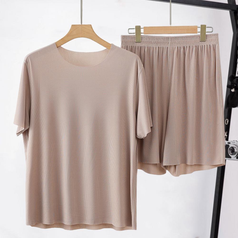 2Pcs/Set Men Loungewear O-Neck Short Sleeve Tops Elastic Waist Wide Leg Shorts Set Solid Color Ice Silk Homewear Seamless Pajama