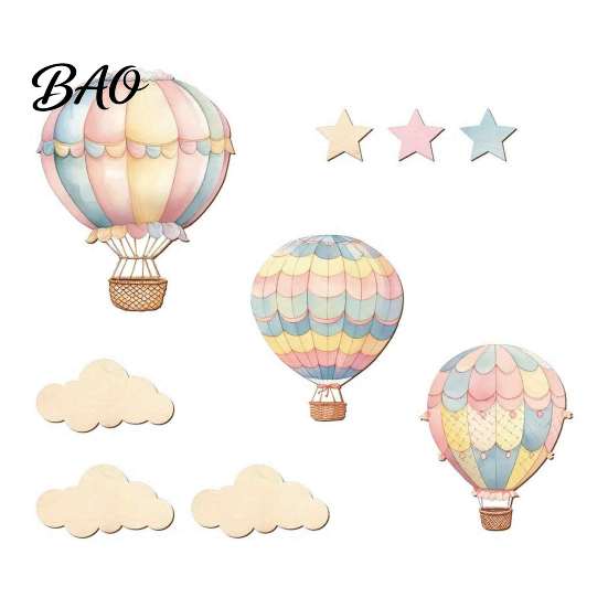 Wooden Hot Air Balloon Wall Decor 9 Pcs Nursery Decor, Boho Art Sign, Cute Balloons Stars Clouds Baby Shower Decoration for Bedroom Classroom Playroom