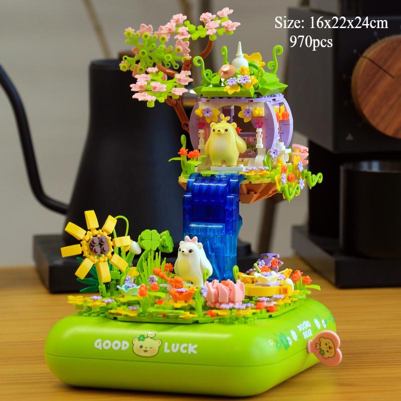 Kleiner Bärenburg im Himmel Spieluhr Bausteine Kleine Teile Mädchen Geschenk Montagespielzeug Kawaii Zimmerdekoration Diy Bausteine