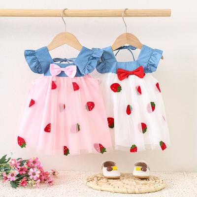 Girls Denim And Tulle Princess Dress Kids Fashion Party Gown With Mesh Overlay Elegant Children Clothing For Special Occasions