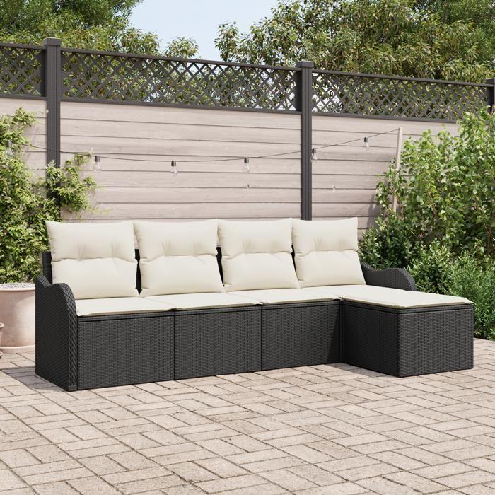 Ensemble de Canapé de Jardin 5 Pièces avec Coussins Rattan Poly Noir, Canapé de Jardin 2 Places avec Coussins Rattan Poly 3345657