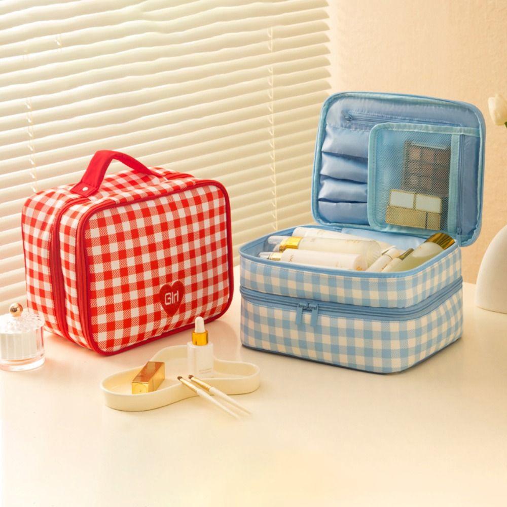 

Plaid Women s Makeup Bag Double Layer Makeup Wash Storage Bag Travel Accessories червоний