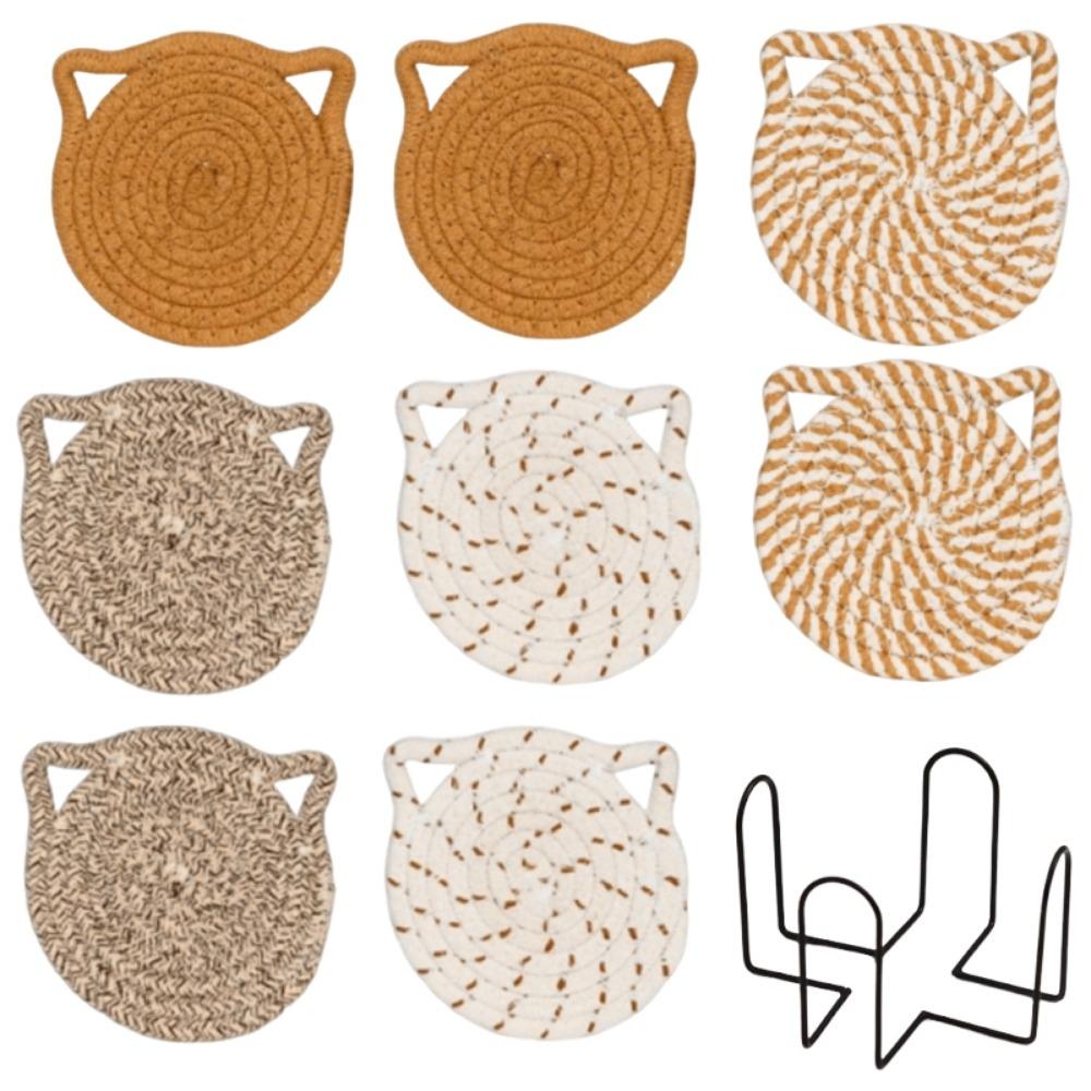 4/8 Pcs Woven Cotton Drink Coasters Non-Slip Base Absorbent Coasters  Kitchen Accessories