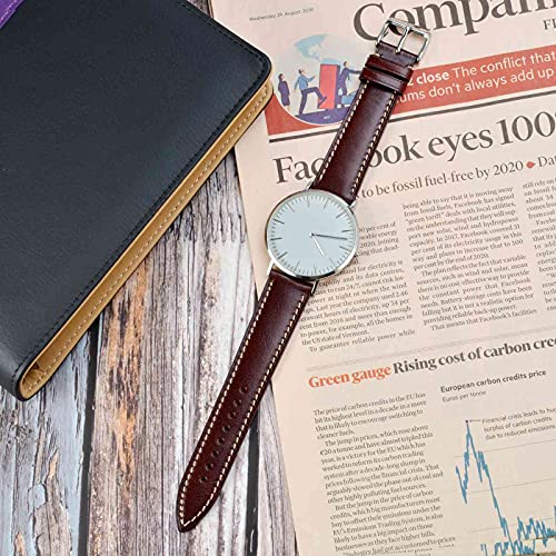 [WOCCI] Genuine Leather Watch Strap 18mm Italian Calf Leather Replacement Watch Band (Wine Red/Silver Buckle)