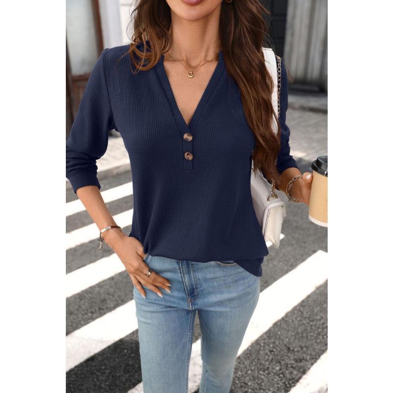 Damen Unifarben V-Ausschnitt Knopf Waffelstrick Langarm Locker T-Shirt
