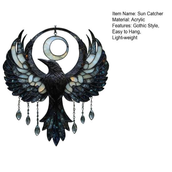 Crescent Moon Raven Suncatcher Gothic Acrylic Crow Sun Catcher Bohemian Window Hanging Decoration for Home Wall Porch