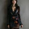 European and American Cross-Border 2025 New Style V-Neck Lace-Trimmed Printed Long-Sleeve Dress, Sexy Waist-Cinching Bodycon Short Dress