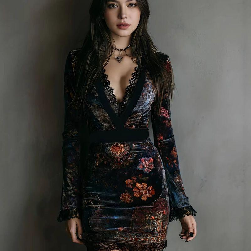 European and American Cross-Border 2025 New Style V-Neck Lace-Trimmed Printed Long-Sleeve Dress, Sexy Waist-Cinching Bodycon Short Dress