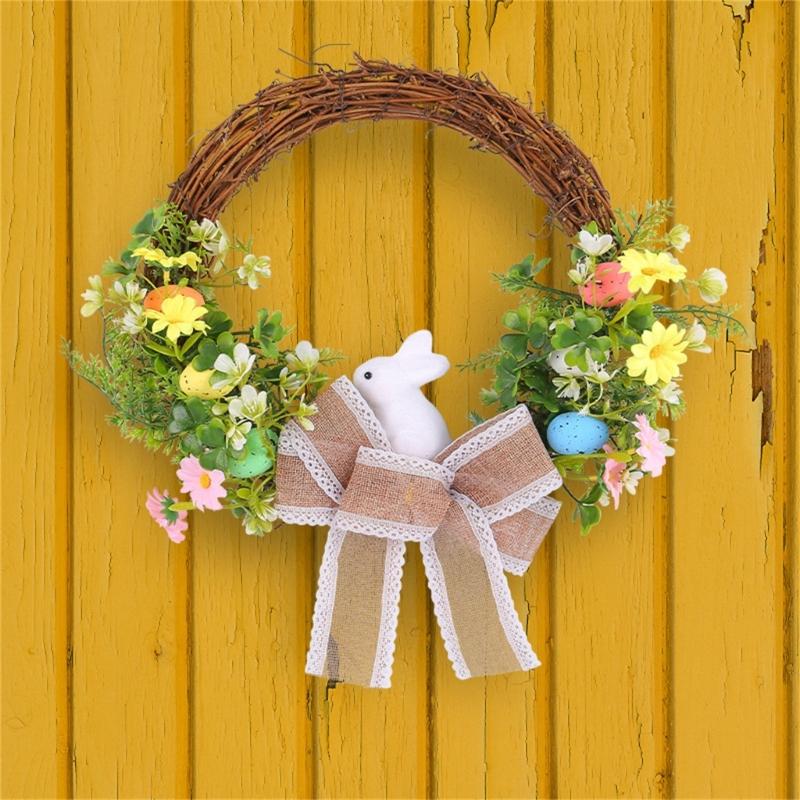 Easter Wreath for Front Door Home Decorations Photoshoots Bowknot Wreath Hanging Decor Easter Rabbit Wreath Ornament
