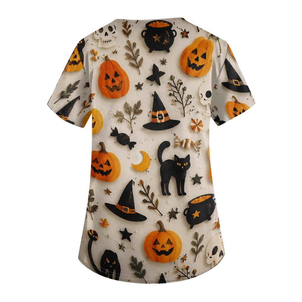 Women's V Neck Halloween Print Short Sleeve Medical Scrub Top with Pocket Side Slit Design Suitable for Healthcare Professionals