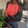Womens Casual Long Sleeve Ribbed Top Halloween Print Round Neck Slim Fit Stretchy Pullover Shirt