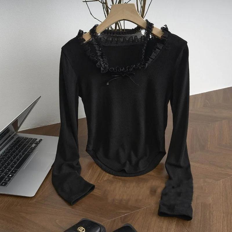 

Secret Jam Весенняя женская модная однотонная кружевная футболка с длинными рукавами XS чёрный