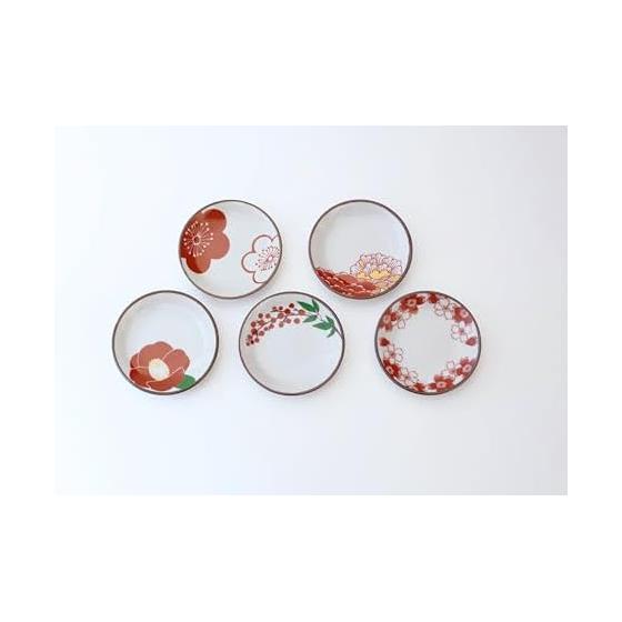 Saikaitoki Small Plate Set Japanese Tableware Hasami Ware Red Painting Flower Crest Small Plate (Set of 5 Patterns)
