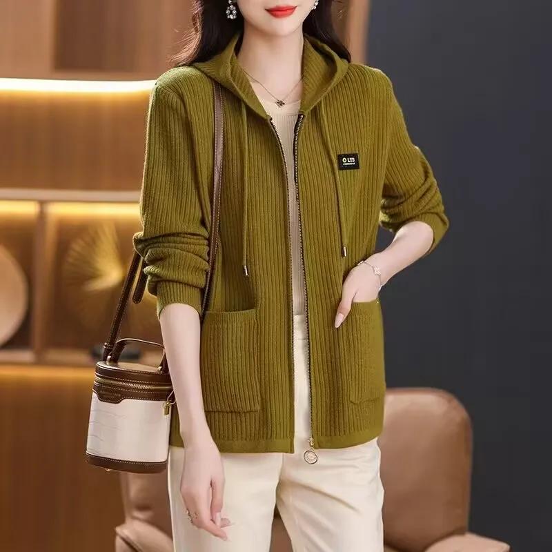 Women's Fall Short Pocket Cardigan Knitted Jacket Middle Aged Loose Hooded Jacket