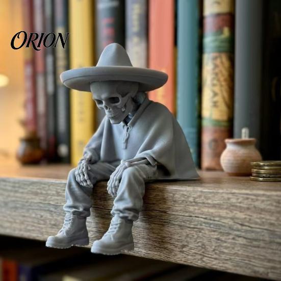 Spooky Aesthetic Office Ornaments 3D Printed Sitting Skeleton Shelf Sitter Figurine, Gothic Hat Desktop Modern Minimalist Statue Ornament, Trendy Home