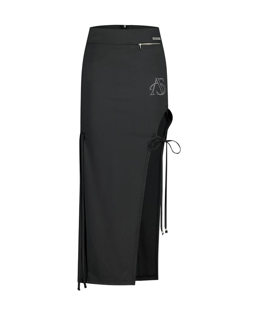 Aejeuyua Cut-Out Ribbon Long Skirt Black