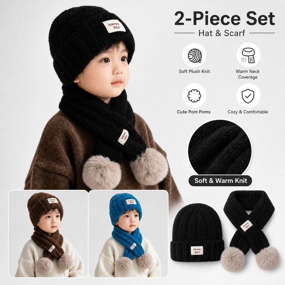 Warm Plush Kids Hat Scarf Set Knitted Baby Beanie Hat Gifts Pom Pom Scarf Kids Winter Wear