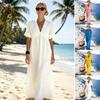 Sommer Baumwoll-Leinen Maxikleid für Damen Lässiges V-Ausschnitt Kurzarm A-Linien Kleid Strandurlaub Fließendes Sommerkleid mit Taschen