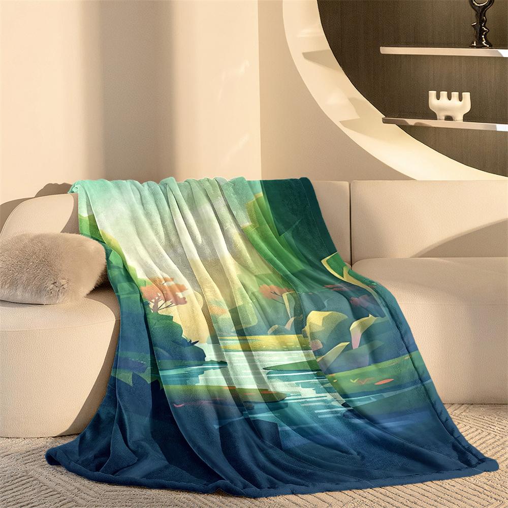 Serenity Green & Blue Landscape Flannel printed blanket suitable for all seasons suitable for living room office sofa and travel
