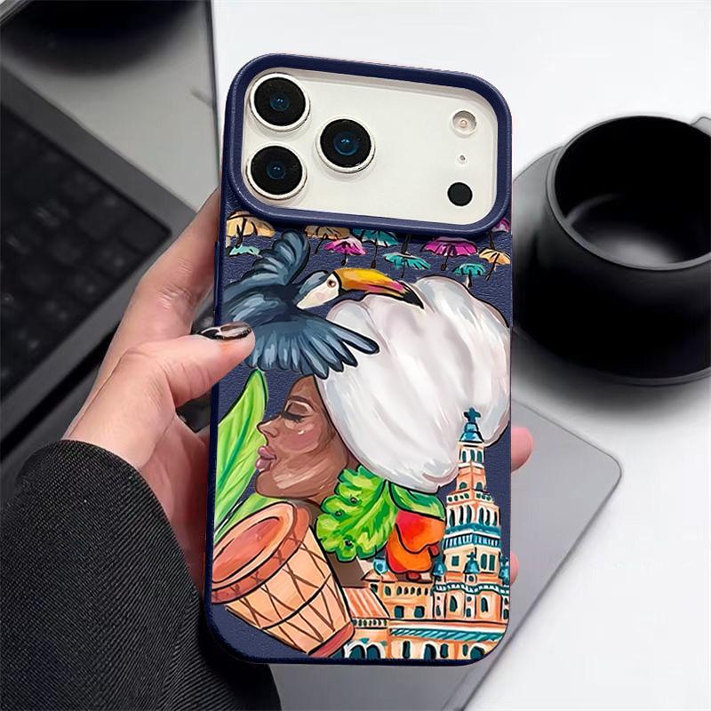 For iPhone 17 Pro Max Case Luxury Tropical-style Toucan Pattern Leather Texture Silicone Cover For iPhone 16 Pro Max 15 14 13 12 11 16E Air
