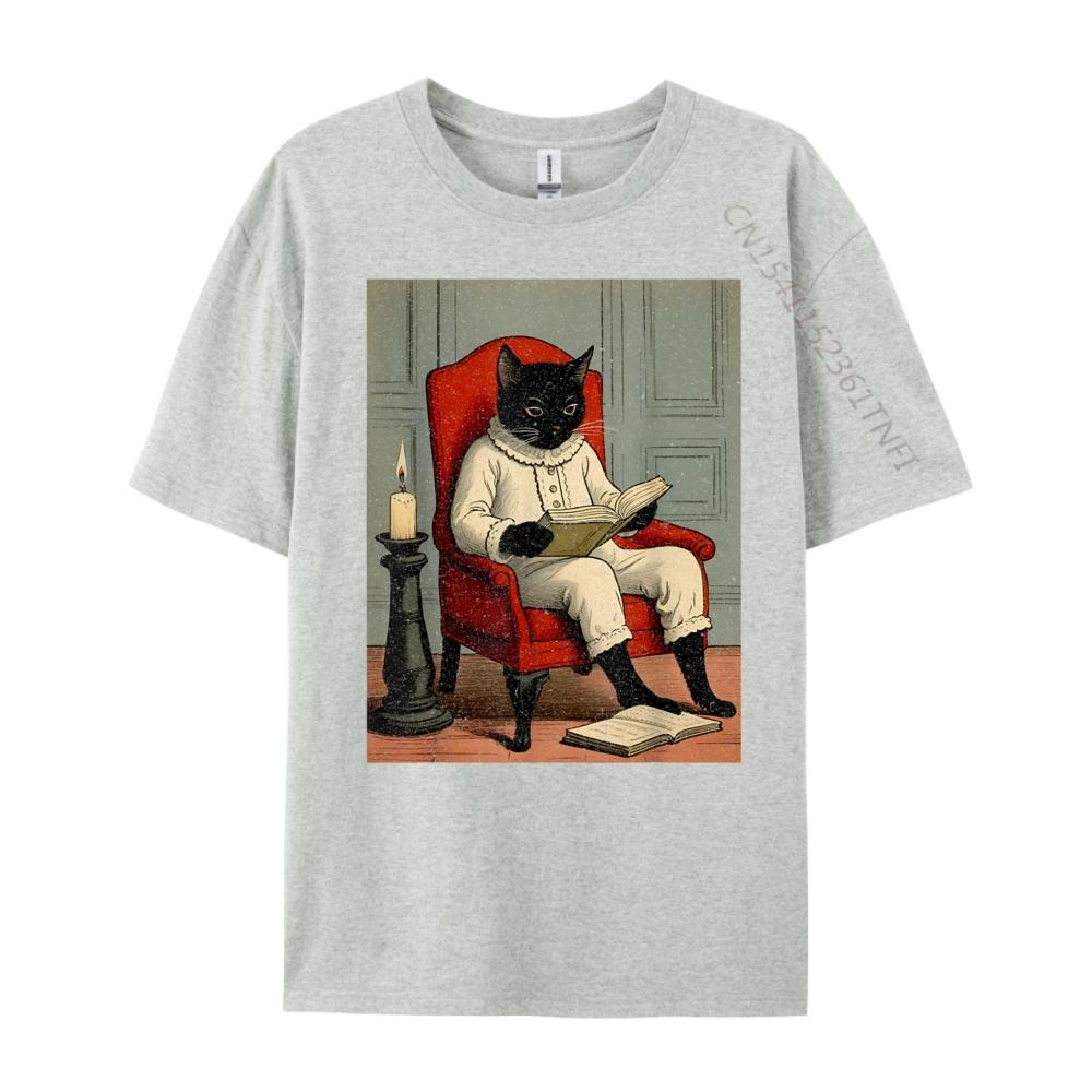 Funny Black Cat Reading A Book Fall Clothes Aesthetic Men's T-Shirts Loose