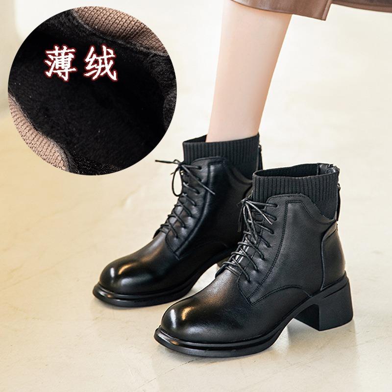 

Зимние новые вязаные сапоги-трубы на толстом среднем каблуке, женские ботинки Мартин с круглым носком и задней молнией, универсальные короткие ботинки на шнуровке из бархатной кожи для женщин 35 чёрный