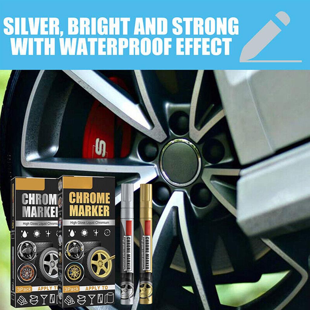 3pcs Car Wheel Chrome Paint DIY Repair Marker Auto Permanent Waterproof Repair Scratch Remover Paint Pen Chrome Mirror Marker Touchup Paint2