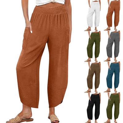 Women Casual Pants,Pants For Women Casual Summer Smocked High Waist Loose Lightweight Trousers With Pockets