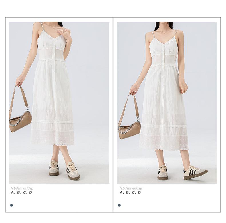 Damen Französisch Inspiriertes Weißes Sommer Trägerkleid, Neuer Stil 2025, Mittellang, Alleskönner, Rein & Elegant.