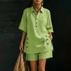 Cotton Linen Set for Women Button Short Sleeve Shirt And Wide Leg Shorts 2 Piece Outfit Summer Casual Beach Lounge Sets