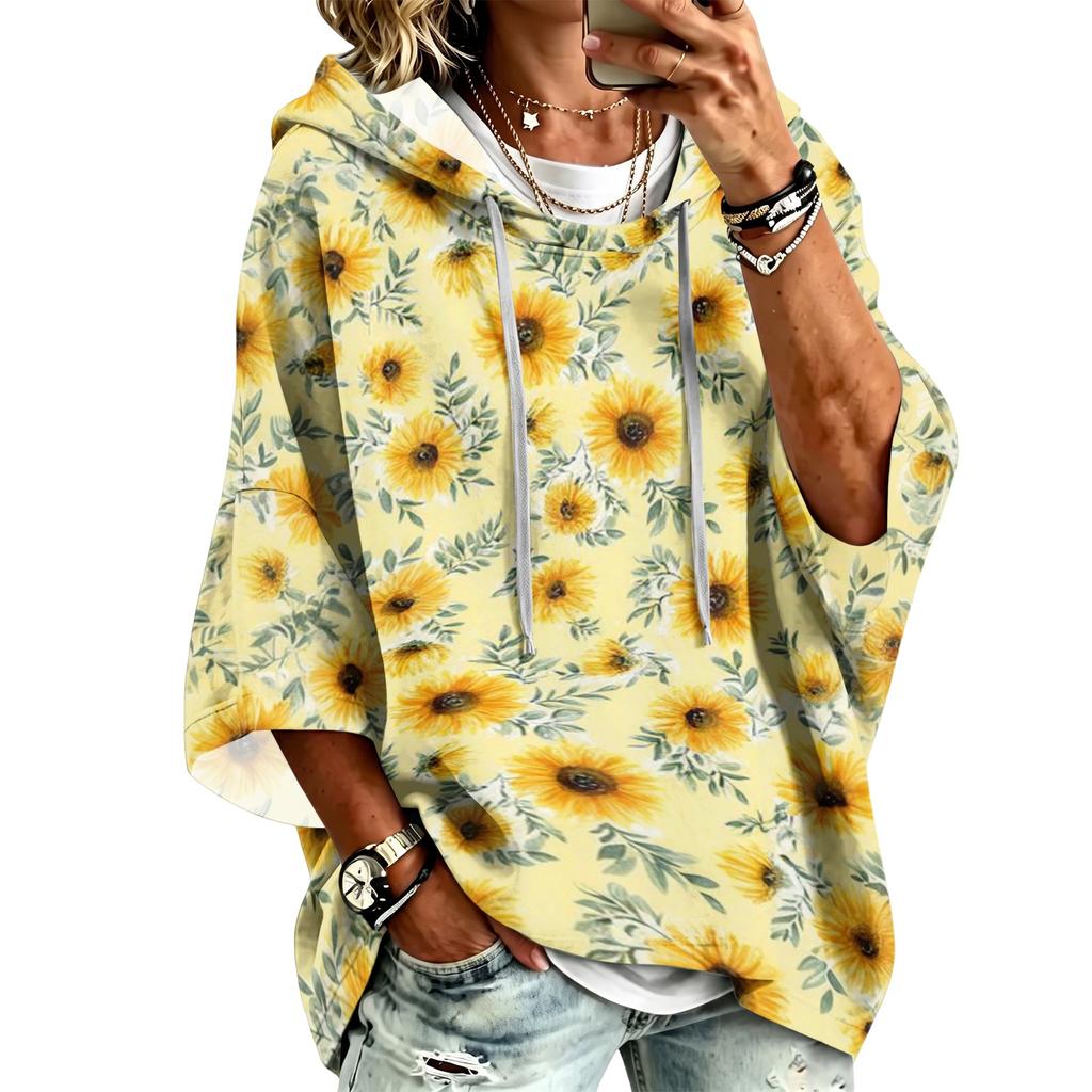 Damen Vintage Kapuzenpullover mit Blumenmuster und Dreiviertelärm für Freizeit und Alltag